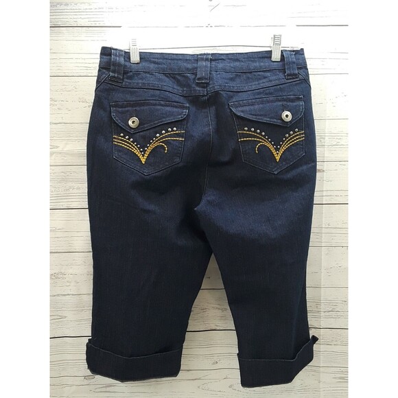 Baccini Capri Blue Jeans Sz 8P Denim Embriodered Studded Cuffed Flap Pockets - Picture 1 of 10
